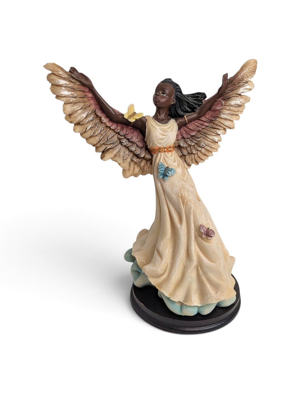 Vintage African American Feathered Wings Angel w/ Butterflies Figurine